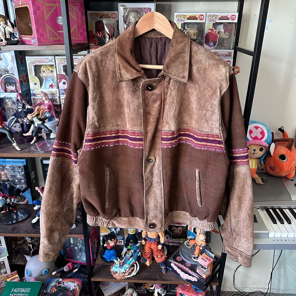 Vintage Aztec Suede Leather Jacket Brown Heavy Distressed Men’s L